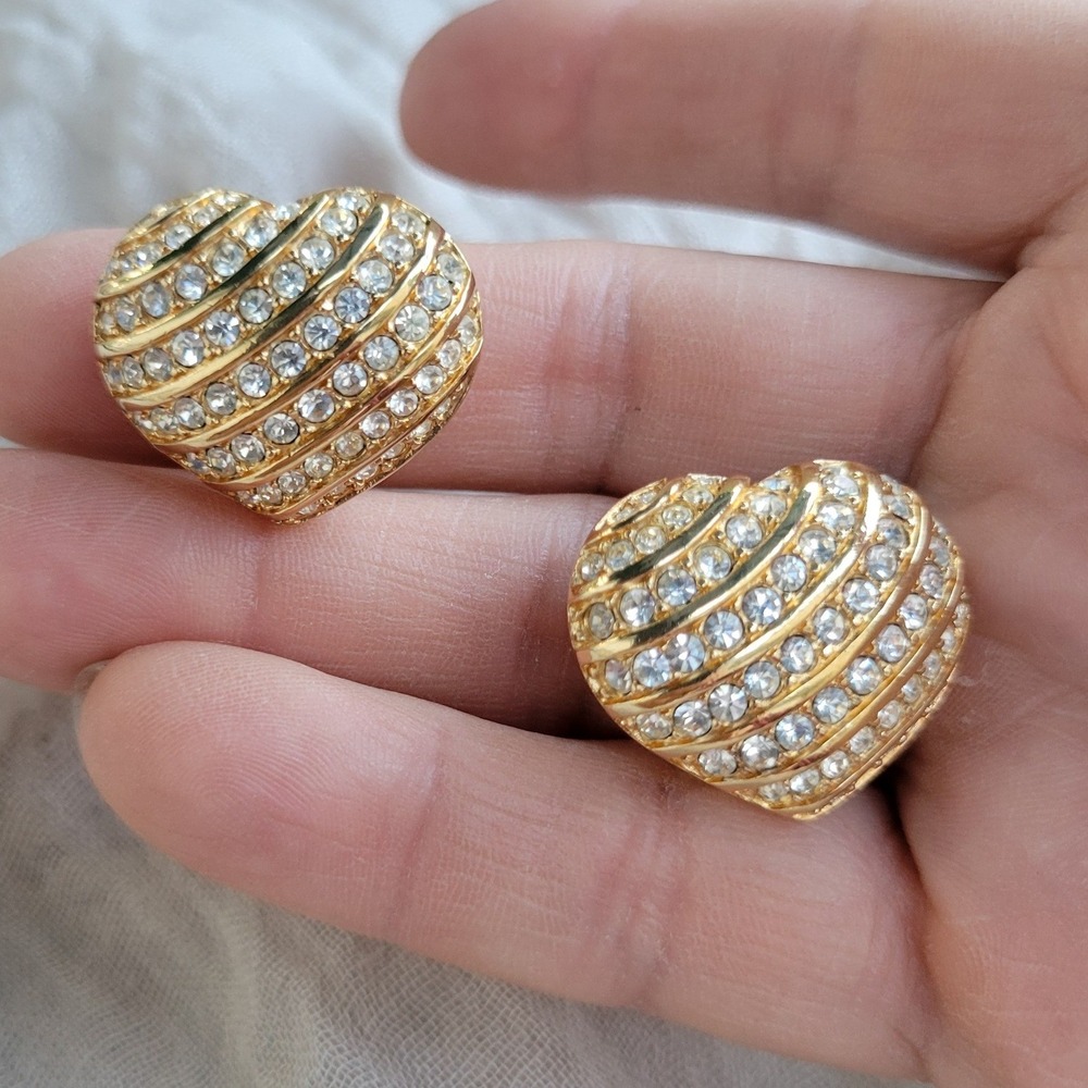 Signed Swarovski Heart Clip-On Earrings Gold Tone Crystal Chunky Glam